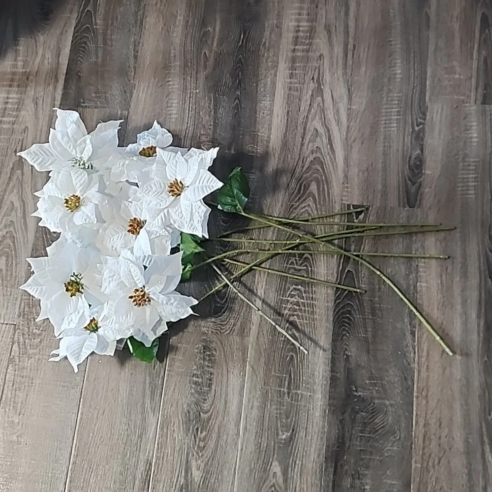 8 White Poinsettia floral Stems